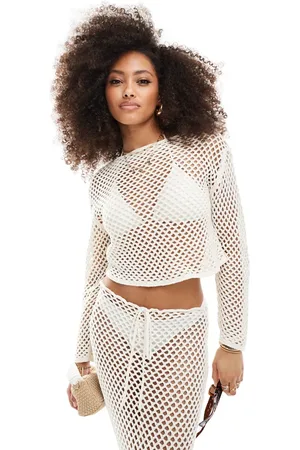 Miss Selfridge Open knit crochet holey slouch sweater in cream