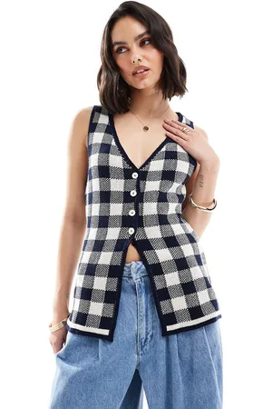 ASOS Knit split front v neck vest in navy gingham