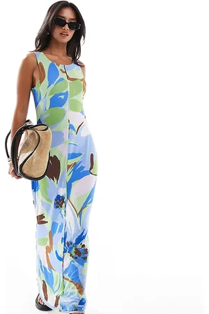 VERO MODA Sleeveless lettuce edge mesh dress in blue floral print