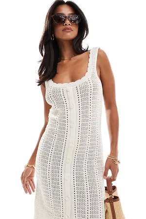 VILA Crochet button up mini dress in cream