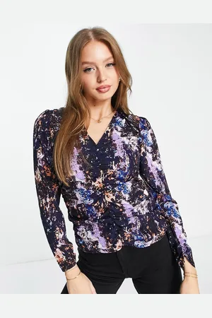 Pieces® Exclusive ruched crop top in blue abstract print