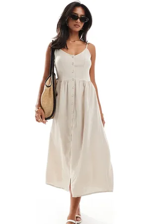 VILA Linen mix button up cami midi dress in beige