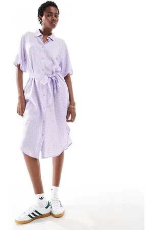 Monki Tie waist midi shirt dress in dark lilac ditsy print exclusive to ASOS