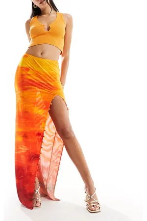 Farai London Carina mesh thigh split button through maxi skirt in orange ombre