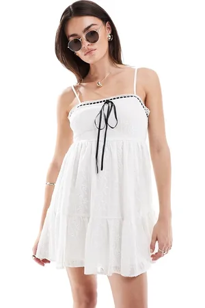 Miss Selfridge Embroidered chiffon bow detail mini slip dress in ivory