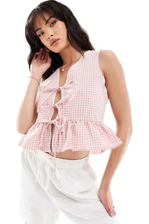 Miss Selfridge Sleeveless tie front top in pink gingham