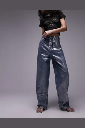 Topshop Silver foil high rise baggy jeans in mid