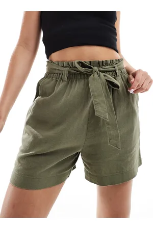 JDY Paperbag tie waist linen mix shorts in khaki