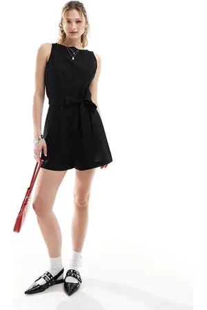 Monki Beach linen mix sleeveless romper with tie belt detail in