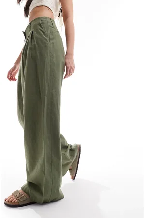 Monki Linen mix tailored wide leg pants in khaki