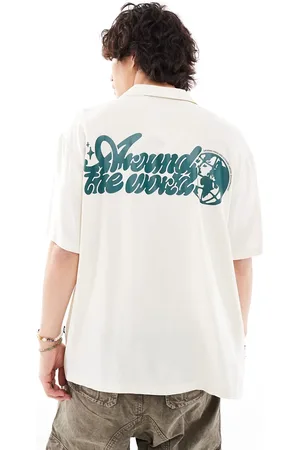 Dr Denim Madi short sleeve relaxed fit summer shirt with world back graphic print in ecru exclusive to ASOS