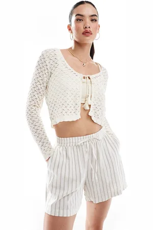 VILA Crochet stretch tie front cardigan in cream