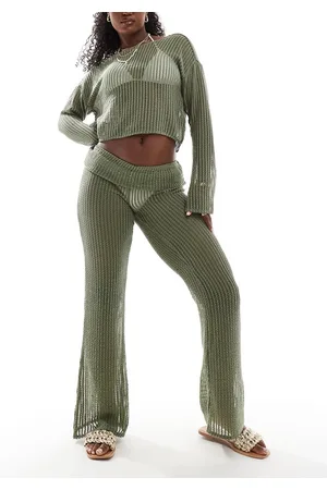 ONLY Flare beach pants with folded waistband in sage -set