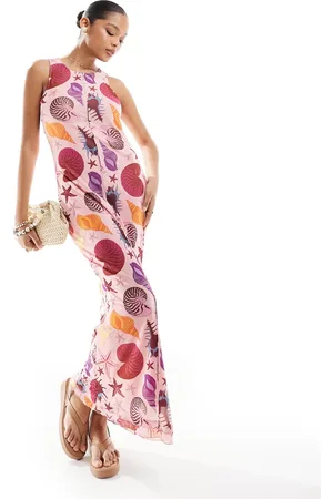 VERO MODA Sleeveless lettuce edge mesh maxi dress in shell print