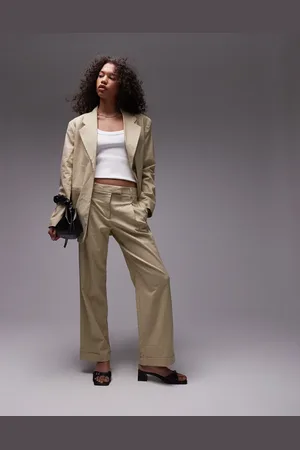 Topshop Low slung wide leg linen mix pants in sand