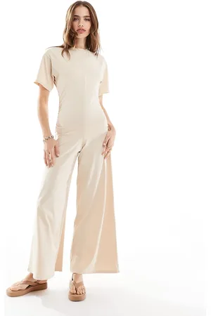 ASOS Ruched side jumpsuit with wide leg in stone