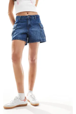 Noisy May Denim cargo shorts in mid wash