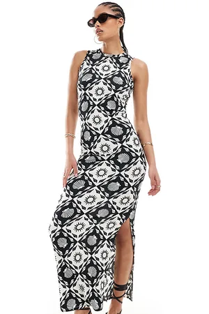 ONLY Racer neck tile print maxi dress in black and