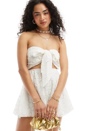Miss Selfridge Beach lace tie front romper in cream