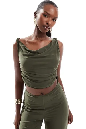 ASOS Mesh twist shoulder wide leg jumpsuit in khaki