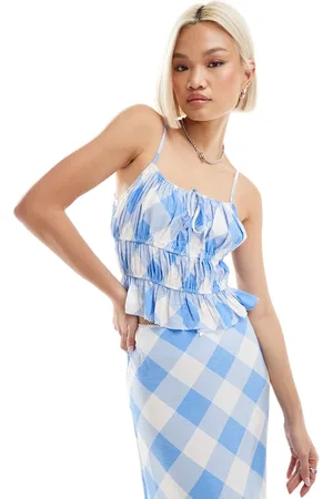 Emory Park Milkmaid shirred crop top in white plaid - part of a set