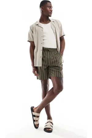 Only & Sons Pull on linen mix shorts in olive stripe