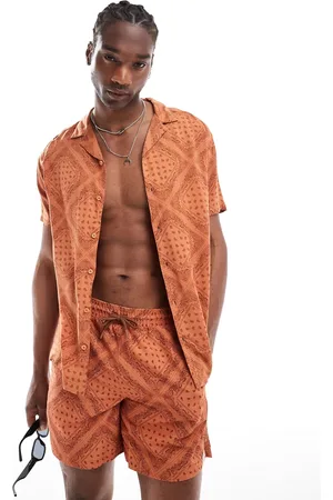 Hunky Trunks Diamond paisley print beach shirt in rust - part of a set