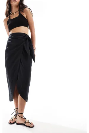 MANGO Wrap front linen skirt in