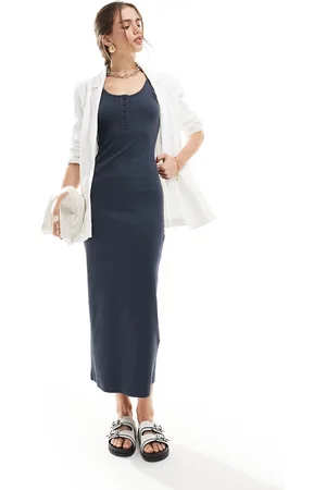 ASOS Ribbed scoop back midaxi dress with button detail in deep
