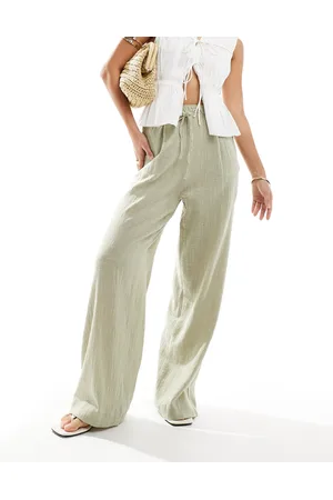 Bershka Rustic textured tie waist pants in light khaki