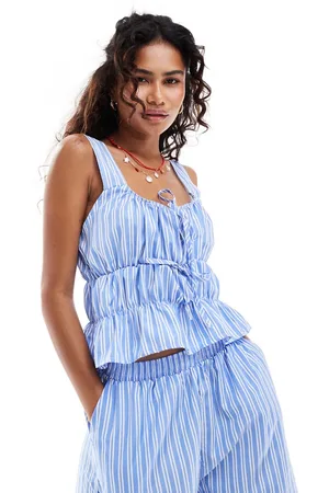 Reclaimed Gathered tie front top in stripe