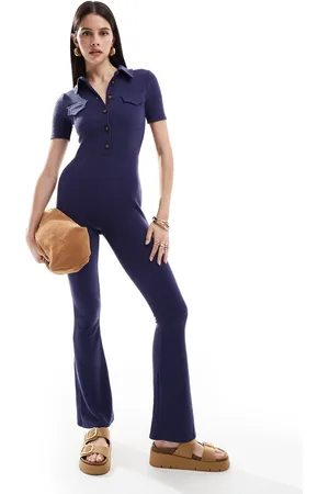 ASOS Short sleeve utility collared ribbed jumpsuit in denim