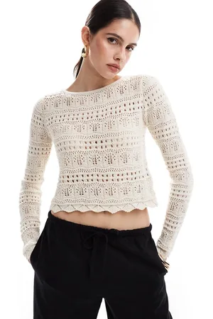 ASOS Crew neck mixed stitch sweater with scalloped hem in cream