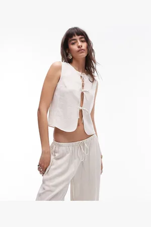 Topshop Tie front linen mix vest in beige - part of a set