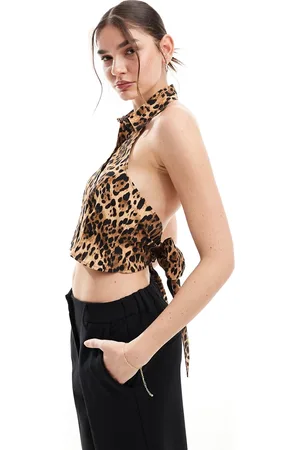 Miss Selfridge Poplin sleeveless bow back shirt in animal print