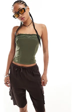 COLLUSION Lace trim bandeau top in khaki