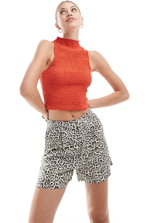Stradivarius Linen mix pull on shorts in leopard