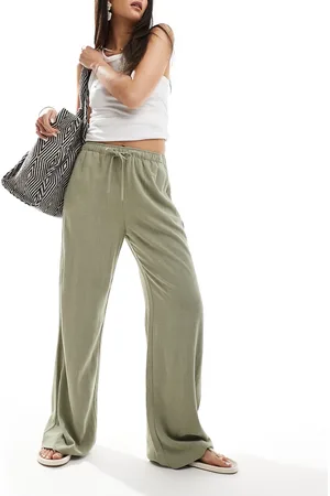 Stradivarius Linen mix pull on pants in khaki