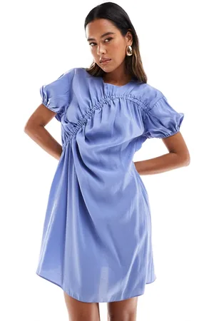 ASOS Puff sleeve mini smock dress with ruching detail in denim