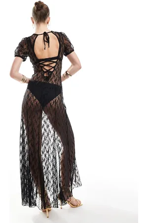 Miss Selfridge Festival sheer lace maxi dress with godets in