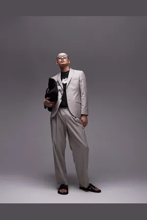 Topman Wide leg linen blend suit pants in stone