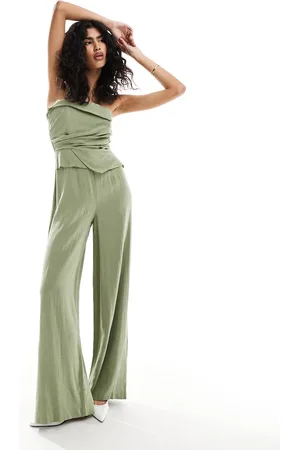 ASOS Drape detail bandeau jumpsuit in khaki linen mix
