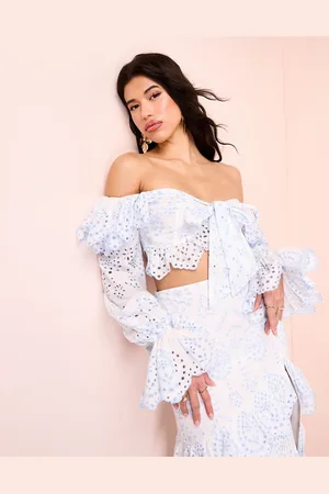 ASOS Beach off the shoulder eyelet top with front tie in blue - part of a set