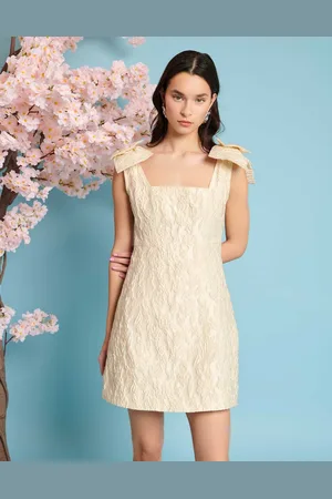 Sister Jane Bow shoulder jacquard mini dress in lemon