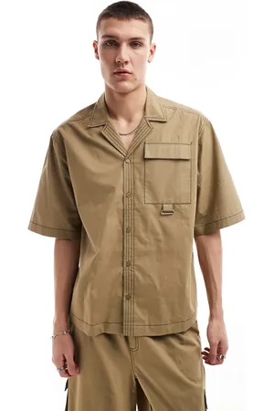 COLLUSION Ripstop boxy revere shirt with contrast stitch in khaki - part of a set