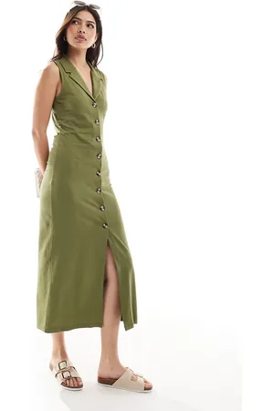 ASOS Collared midaxi vest dress with button front in khaki