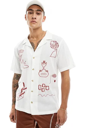 Cotton On Cotton On relaxed linen mix camp collar shirt with doodle embroidery - part of a set