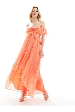 ASOS Ruffle cut out off the shoulder maxi dress in coral