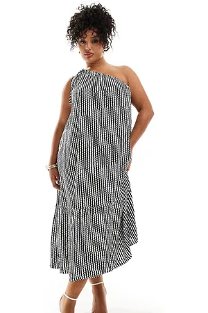 ONLY One shoulder tiered hem maxi dress in & white wave stripe