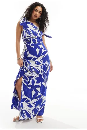 ASOS Off shoulder linen mix maxi dress with knot detail in abstract print